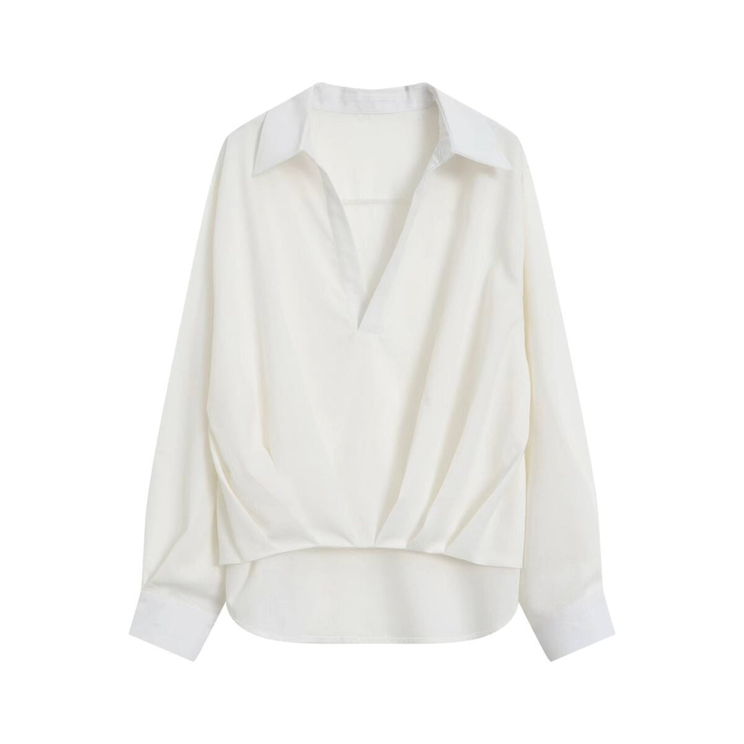 Damen Oversize Leinenoptik-Bluse mit tiefem V‑Ausschnitt, Hemdkragen und gerafftem Vorderteil Echo Archiv
