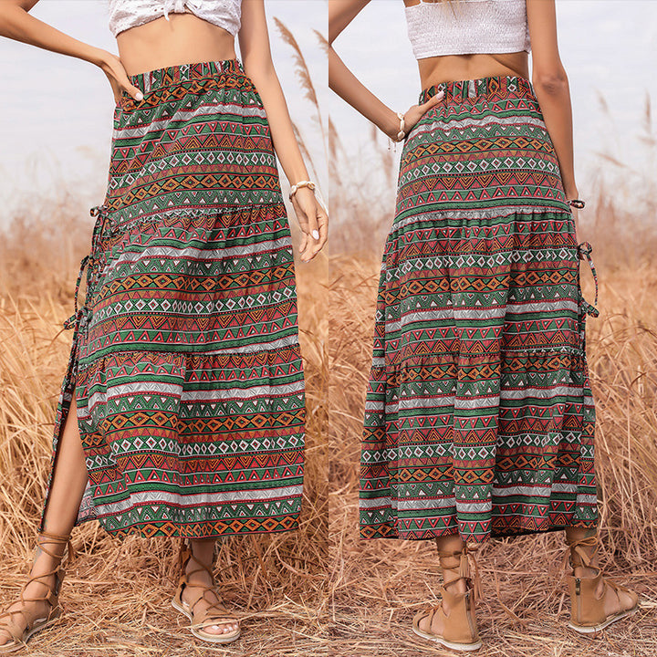 Damen Maxi-Stufenrock mit elastischem Taillenbund, seitlichen Knotendetails und Ethno-Print Echoarchiv