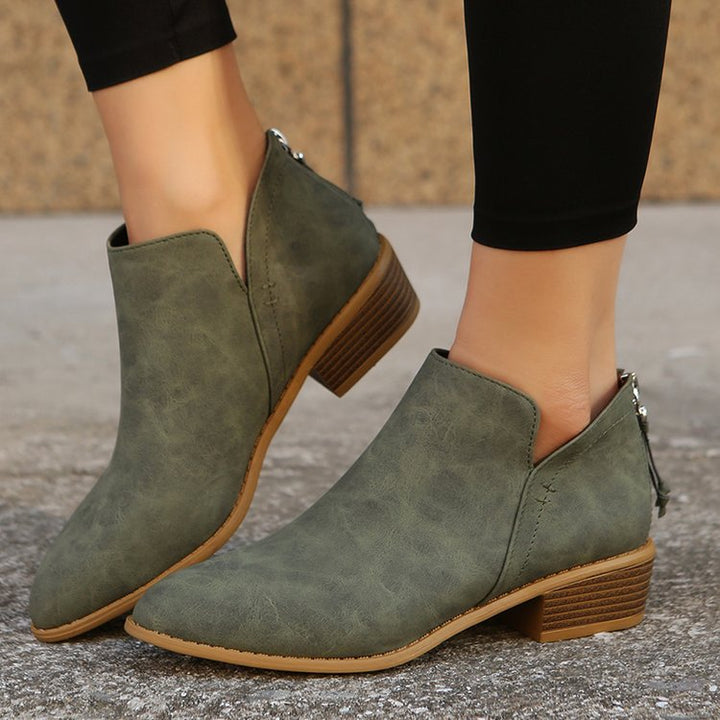 Damen Metallic-Ankleboots mit spitzer Kappe, Rückreißverschluss und niedrigem Blockabsatz Echoarchiv