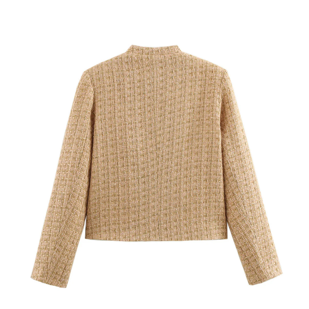 Damen taillierte Bouclé-Tweed Jacke mit Stehkragen und vier Zier-Taschen – Célinea