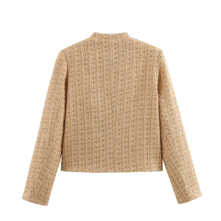 Damen taillierte Bouclé-Tweed Jacke mit Stehkragen und vier Zier-Taschen – Célinea