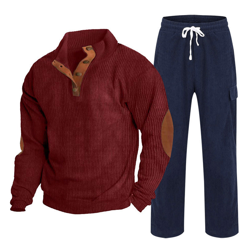 Herren nan strukturiertes Feinstrick-Halbknopf-Pullover und Feincord-Cargo-Zweiteiler Echo Archiv