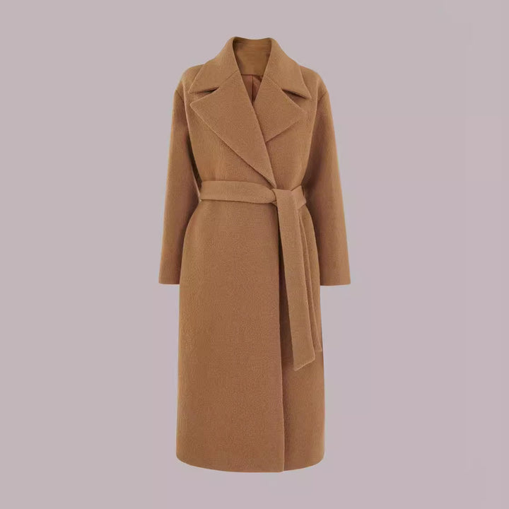 Damen Midilanger Wollmix‑Longmantel mit minimalem Schalkragen und relaxed Silhouette Echoarchiv