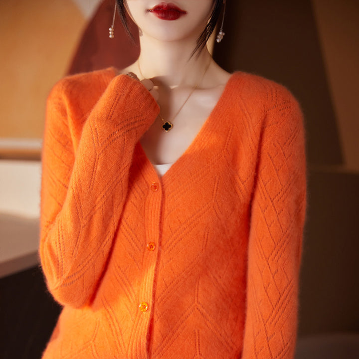 Damen Leichter Ajourcardigan mit geometrischer Lochstruktur und kastiger Kurzform Echoarchiv