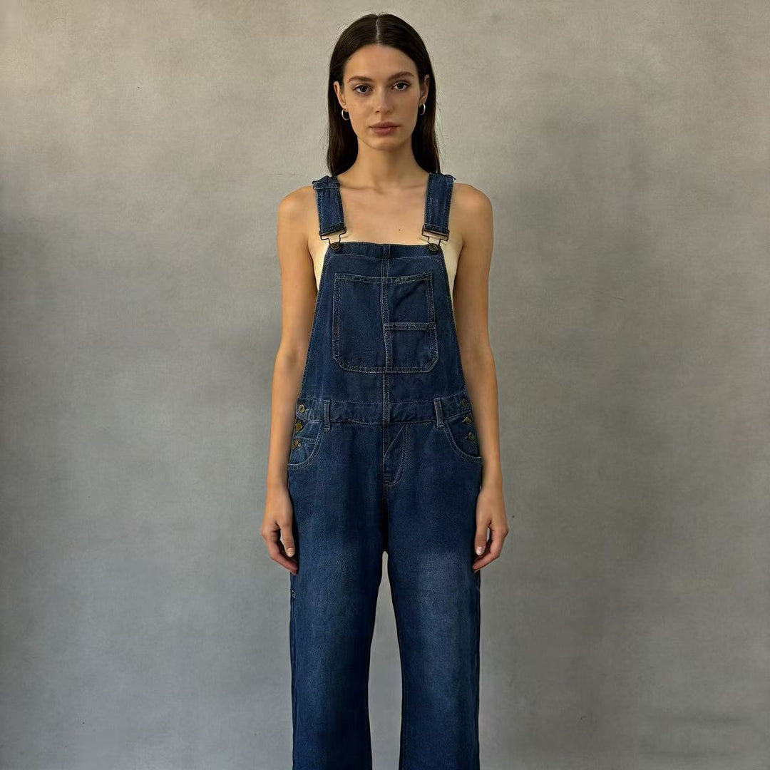 Damen nan weiche Denim-Latzhose mit weitem Bein, verstellbaren Trägern und Pattentasche Echo Archiv