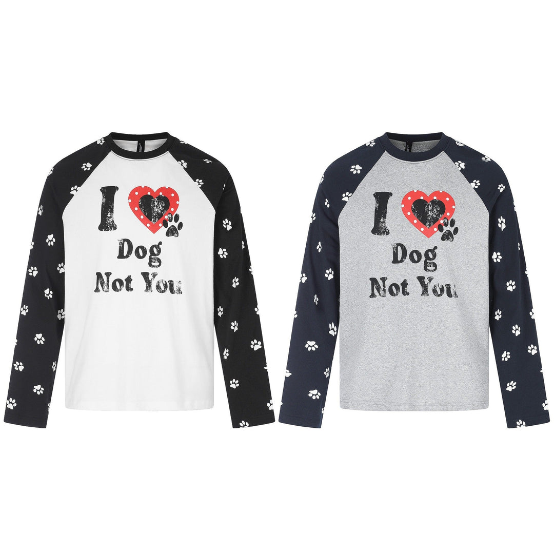Damen Longsleeve-Raglanshirt mit Hunde‑Slogan und Pfotenmuster Echoarchiv
