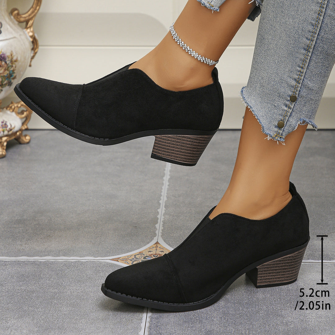Damen Kurzschaft-Stiefeletten mit niedrigem Blockabsatz und spitzer Kappe Echoarchiv