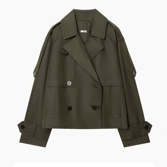 Damen 300+ kurzer doppeltreihiger Cropped‑Trenchcoat mit Epauletten und verstellbaren Manschetten Echo Archiv