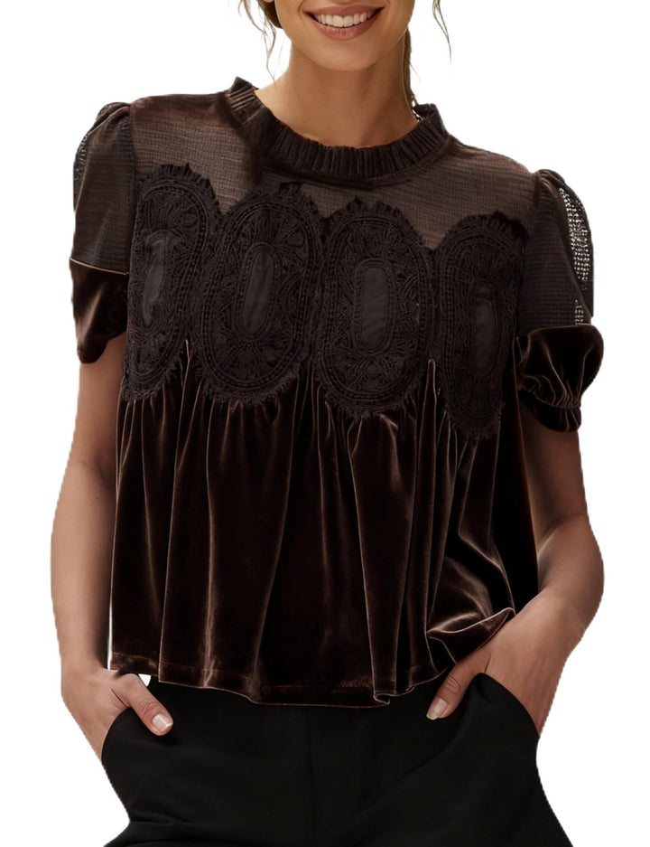 Damen Samtbluse mit Spitzenbesatz, transparentem Einsatz und geraffter A-Linie – Élovi