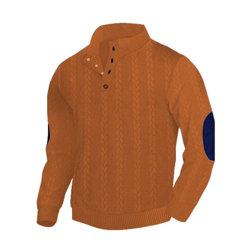 Herren nan lässiger Zopfstrickpullover mit verstärkter Knopfleiste und Wildleder-Ellenbogenpatches Echo Archiv