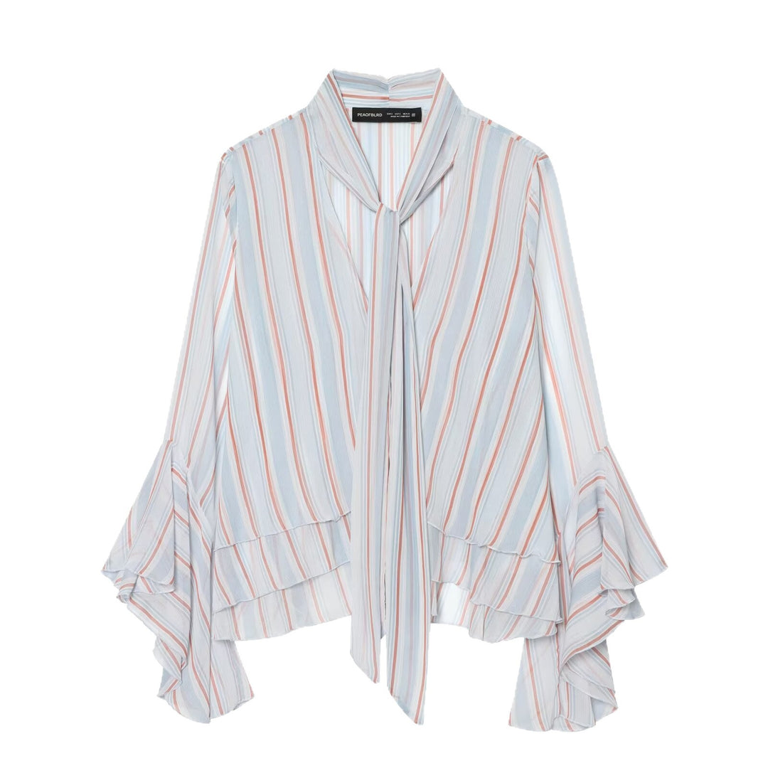 Damen Leichte Chiffonbluse mit Schluppe, Volant-Saum und ausgestellten Trompetenärmeln Echo Archiv