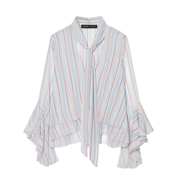 Damen Leichte Chiffonbluse mit Schluppe, Volant-Saum und ausgestellten Trompetenärmeln Echo Archiv