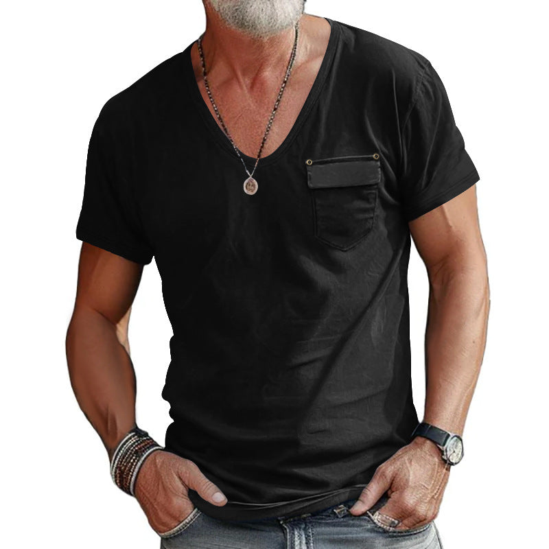 Herren V-Ausschnitt T-Shirt mit dekorativer Brusttasche und attraktiver Struktur Echoarchiv