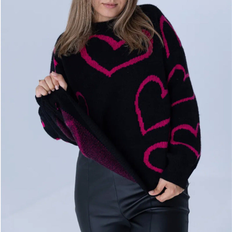 Damen Kuscheliger Jacquard-Pullover mit Herzmotiv und lockerer Oversize-Passform – Mavelle