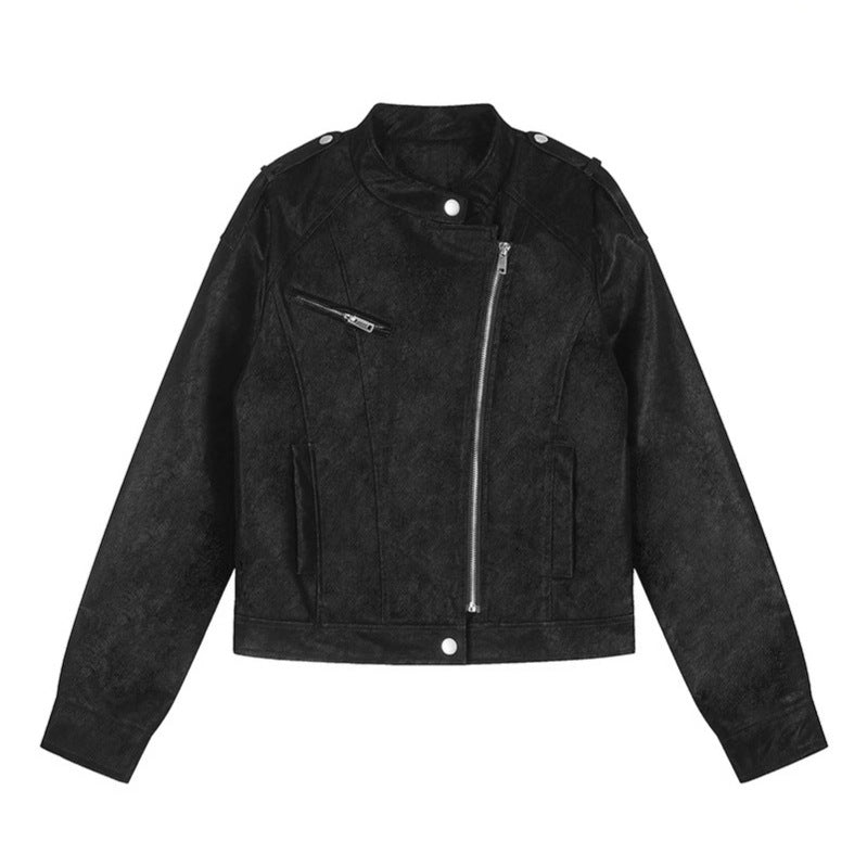Damen Kurz geschnittene Bikerjacke aus Kunstleder mit asymmetrischem Reißverschluss Echoarchiv