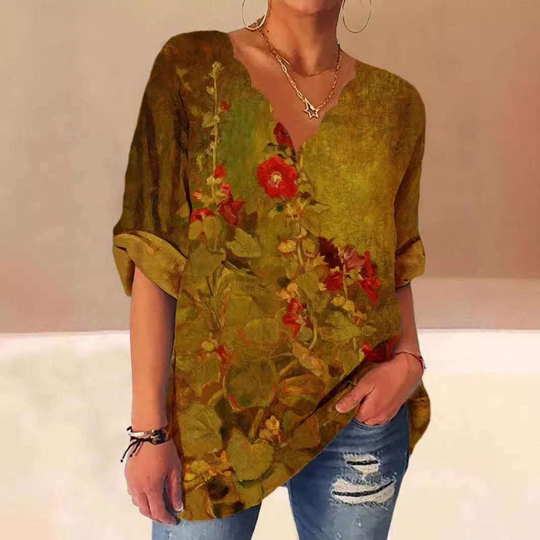 Damen Lockere Bluse mit Welligem V-Ausschnitt und Aquarell Floral Print – Élovi