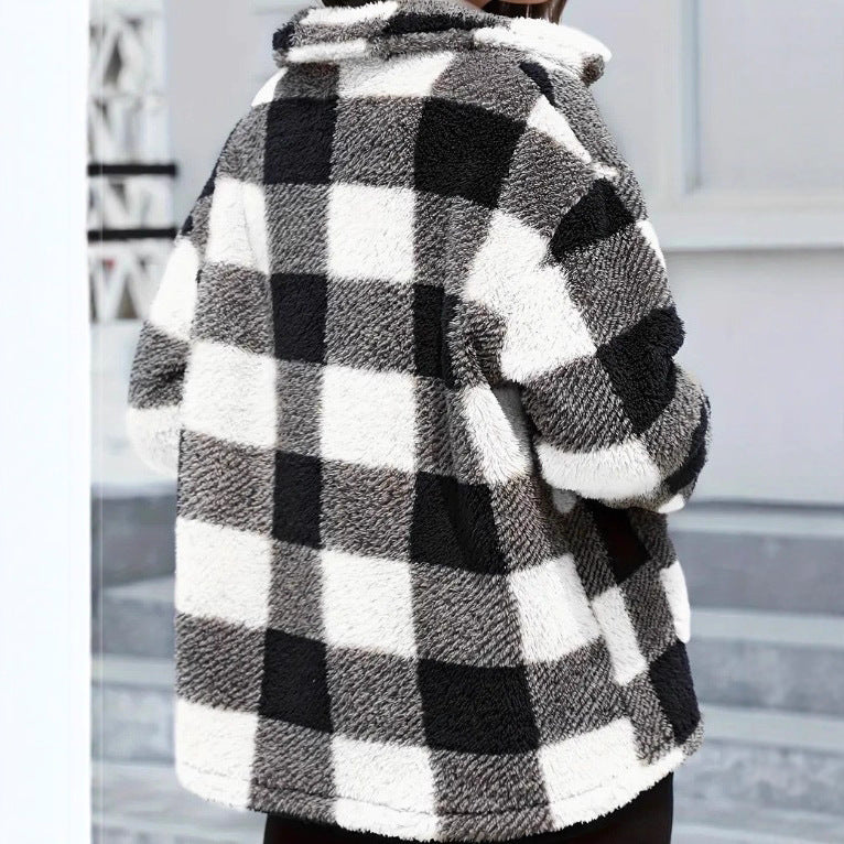 Damen nan gefütterte Karo Teddy-Fleece Shacket mit Knopfleiste und aufgesetzten Taschen Echo Archiv