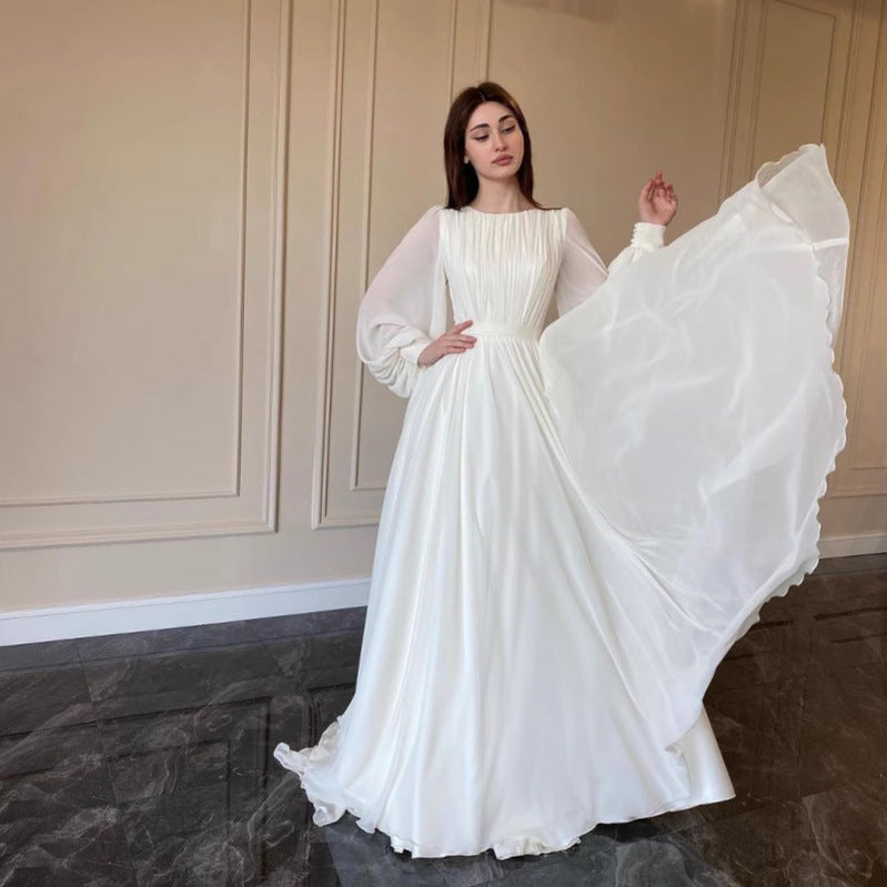 Echoarchiv | Durchsichtiges Weißes Hochzeitskleid Rundhalsausschnitt Lange Ärmel Kleid