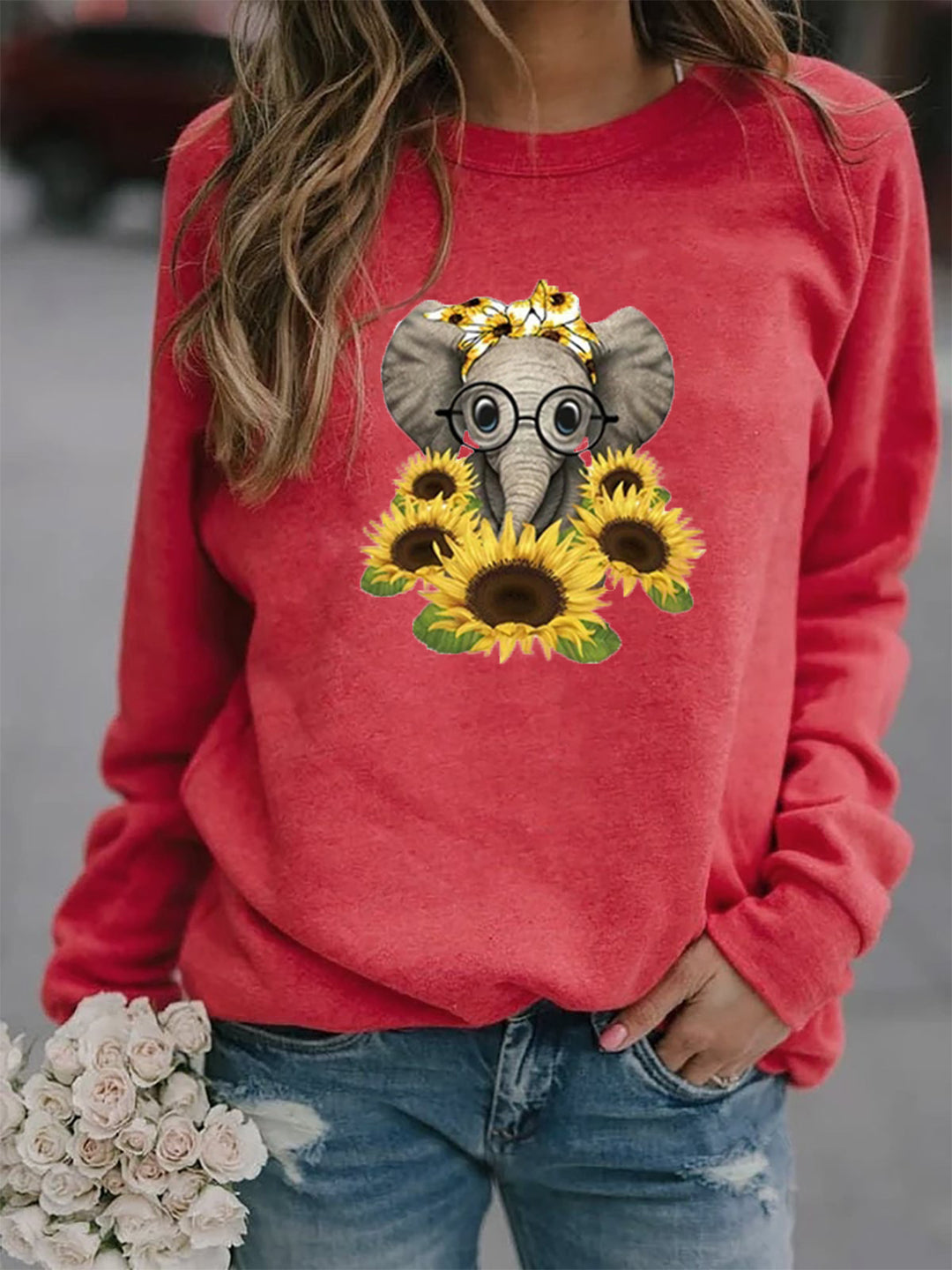 Damen-Sweatshirt mit Elefantenprint, Sonnenblumenmotiv und weichem Fleece – Mavelle