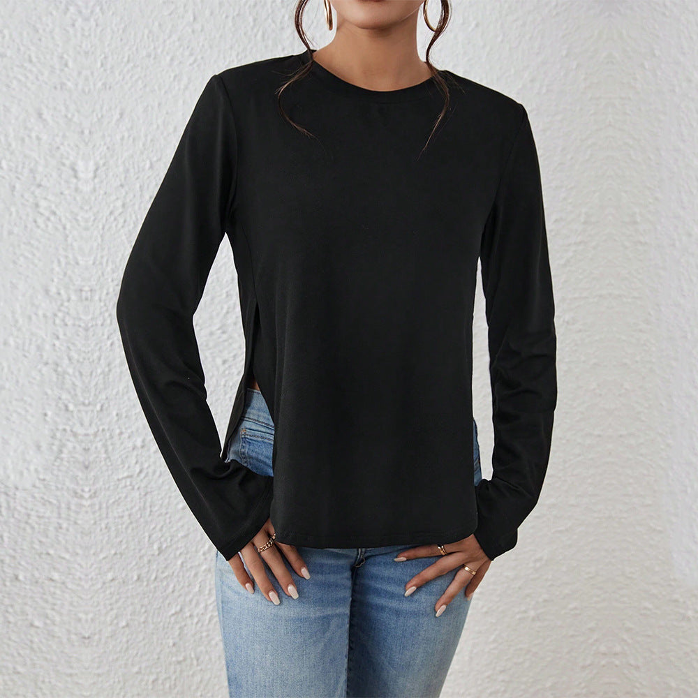 Damen Langarmshirt mit seitlichen Schlitzen, Rundhalsausschnitt und entspannter Casual-Passform – Avérine