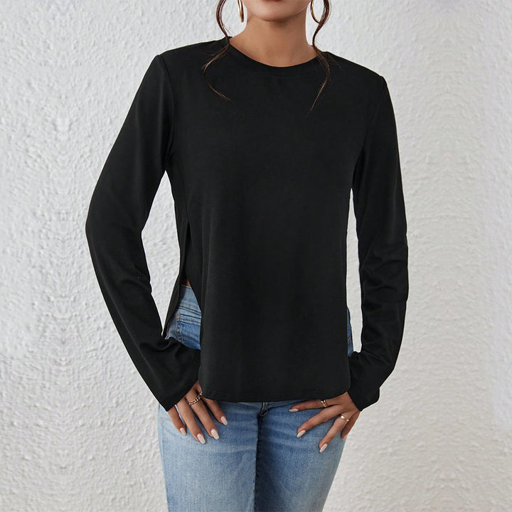 Damen Langarmshirt mit seitlichen Schlitzen, Rundhalsausschnitt und entspannter Casual-Passform – Avérine