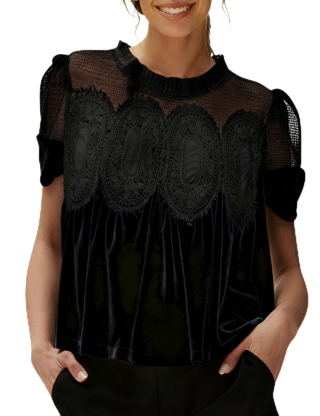 Damen Samtbluse mit Spitzenbesatz, transparentem Einsatz und geraffter A-Linie – Élovi