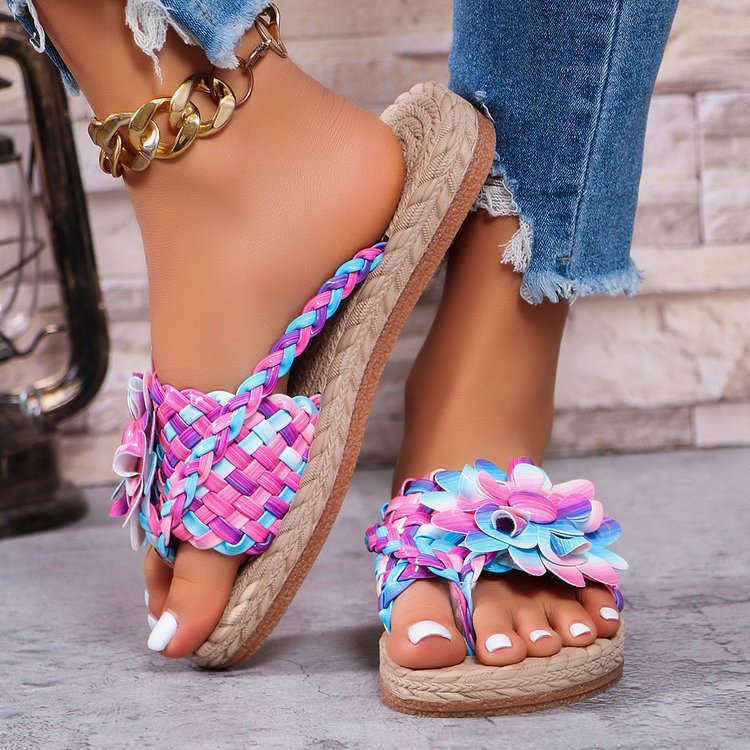 Damen Geflochtene Zehentrenner‑Sandalen mit XXL‑Blütenapplikation und gepolstertem Komfortfußbett – Sorelia