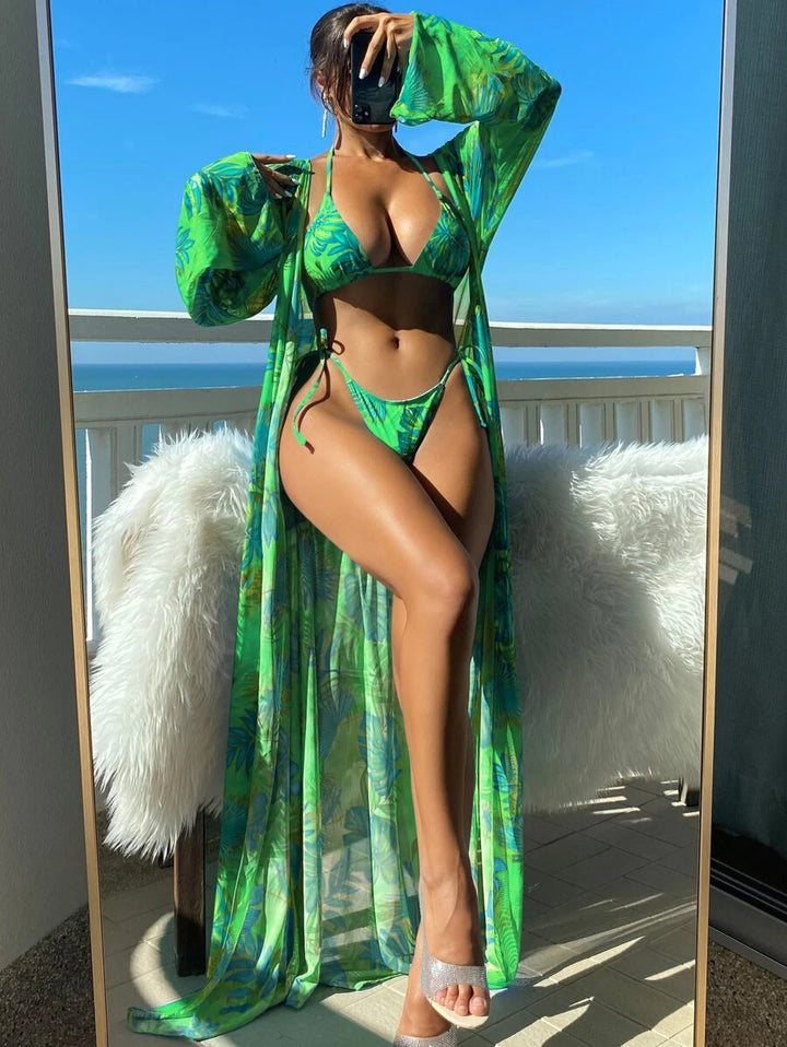 Damen Bikini-Set mit transparentem Kaftan und floralem Design Echo Archiv