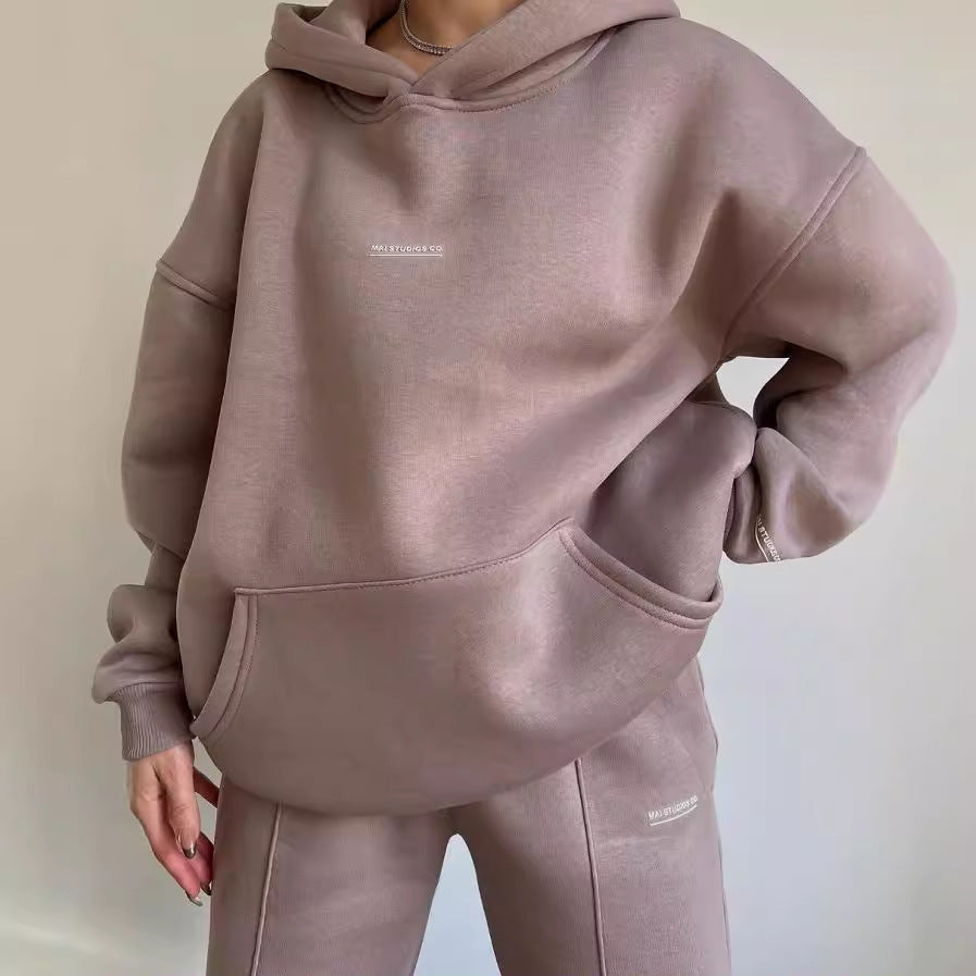 Damen Set Schwere French‑Terry Oversize‑Kapuzenpullover mit Kängurutasche und Slim‑Jogginghose Echoarchiv