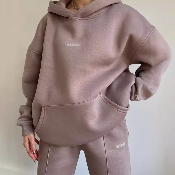 Damen Set Schwere French‑Terry Oversize‑Kapuzenpullover mit Kängurutasche und Slim‑Jogginghose Echoarchiv