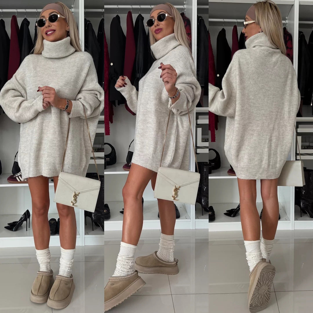 Damen Lässiges Oversized Strick-Minikleid mit hohem Rollkragen und Ballonärmeln – Élara