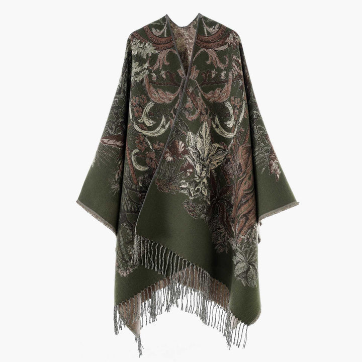 Damen Ornamentaler Jacquard‑Überwurf im Cape‑Stil mit Fransensaum – Avérine