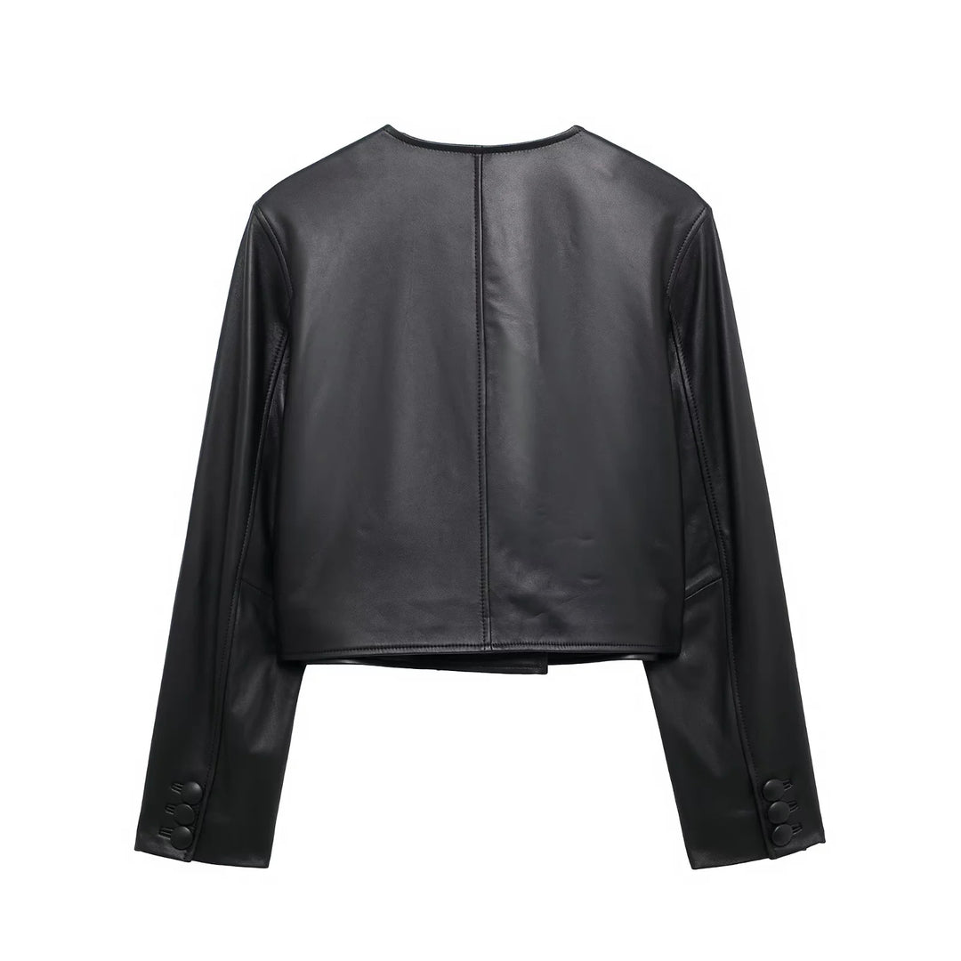 Damen nan kurz geschnittene Double‑Breasted Lederimitat Jacke mit Pattentaschen Echo Archiv