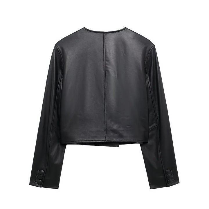 Damen nan kurz geschnittene Double‑Breasted Lederimitat Jacke mit Pattentaschen Echo Archiv