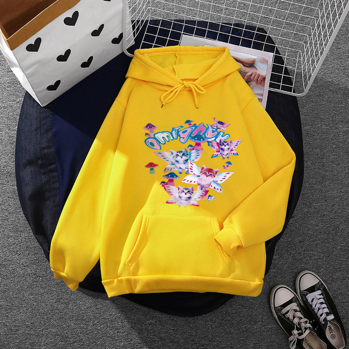 Damen Kapuzenpullover mit verspieltem Katzen‑Schmetterlings-Print und Kängurutasche – Auréline