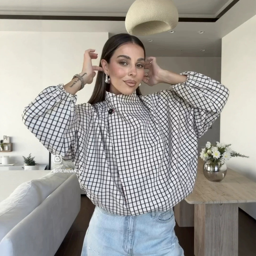 Damen Oversize-Bluse mit Stehkragen, karierter Optik und Ballonärmeln Echo Archiv