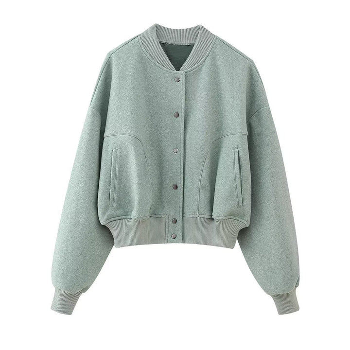 Damen kastiges Cropped Blouson aus Sweat mit Raglanärmeln, verdeckter Druckknopfleiste und breitem Rippbund – Avérine