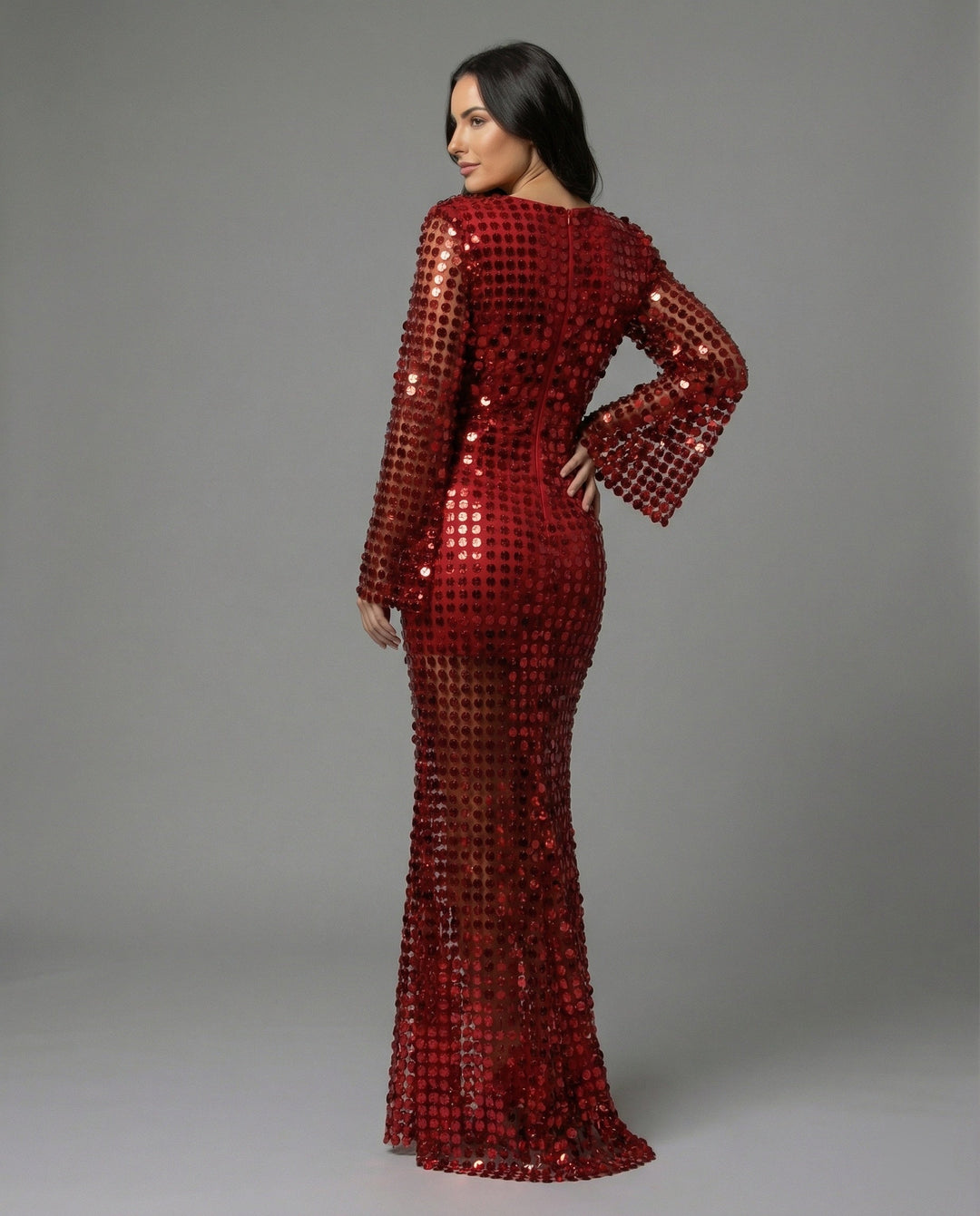 Damen Glamouröses Abendkleid mit funkelnden Pailletten und transparenten Ärmeln Echoarchiv