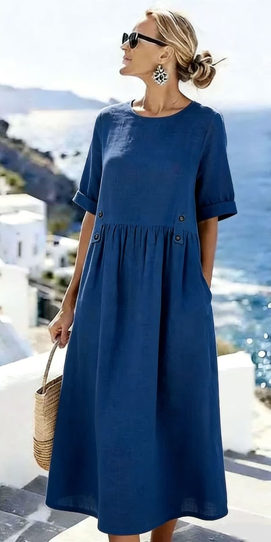 Damen Langes Leinenoptik-Sommerkleid mit geraffter Taillenpartie und Eingrifftaschen – Lunéa