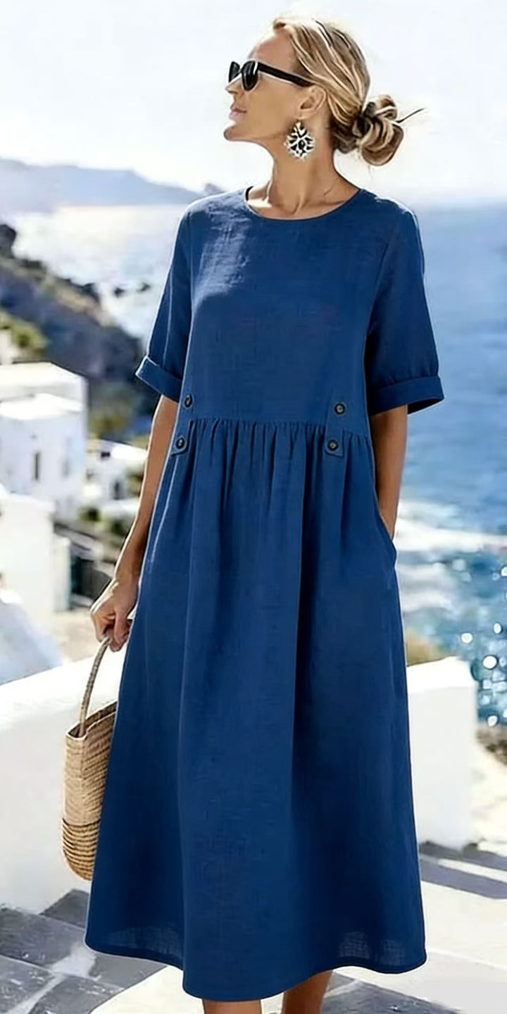 Damen Langes Leinenoptik-Sommerkleid mit geraffter Taillenpartie und Eingrifftaschen – Lunéa