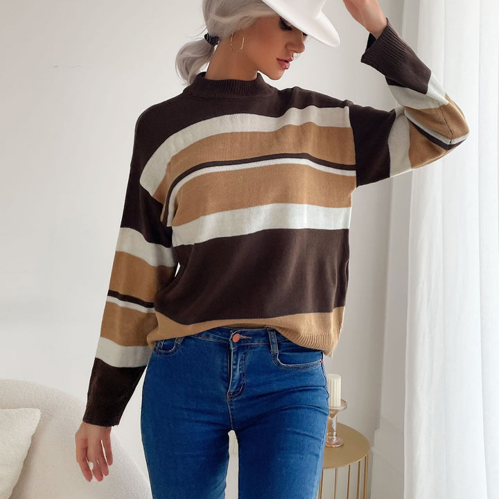 Damen Gestreifter Feinstrick-Pullover mit Stehkragen Echoarchiv