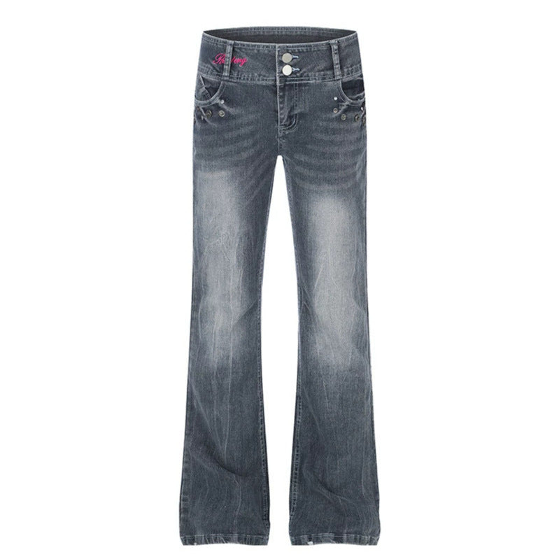 Damen High‑Waist Flared-Jeans mit weitem Bein, Doppelknopf und Nieten-Detail Echoarchiv