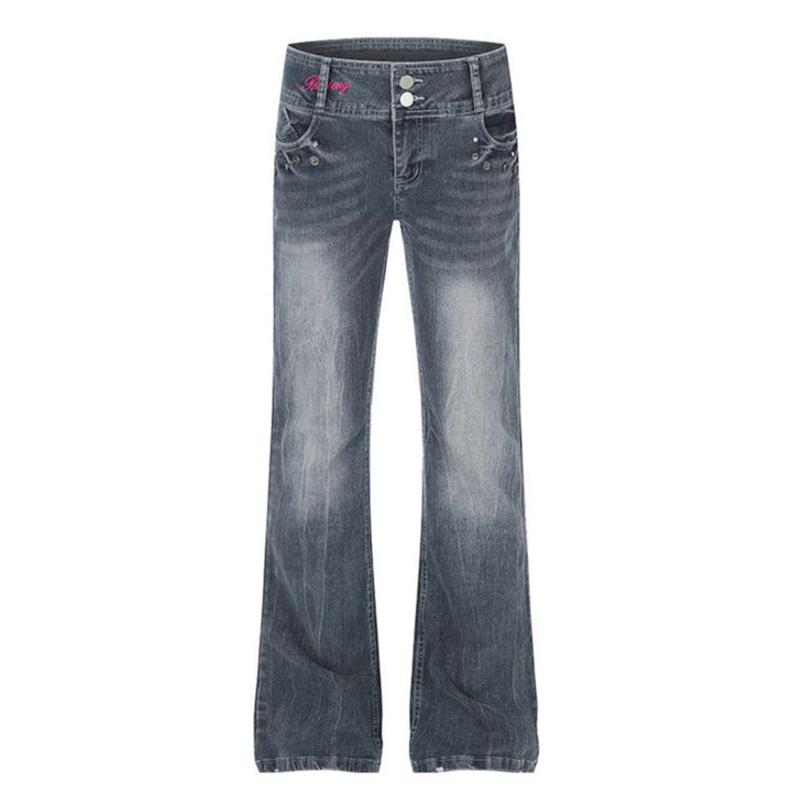 Damen High‑Waist Flared-Jeans mit weitem Bein, Doppelknopf und Nieten-Detail Echoarchiv