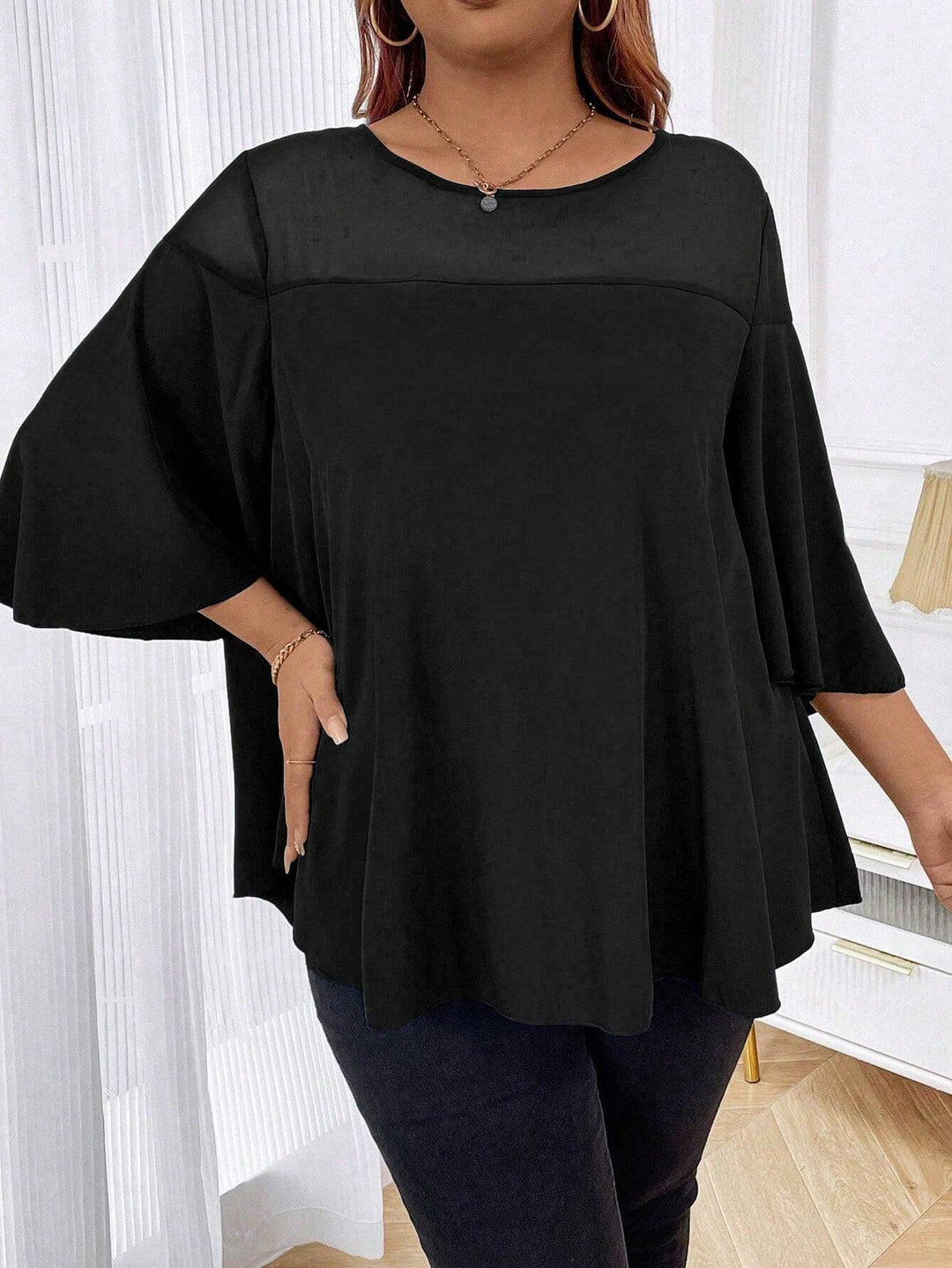 Damen Weites Chiffon-Tunika-Top mit transparentem Einsatz und Flügelärmeln Echo Archiv