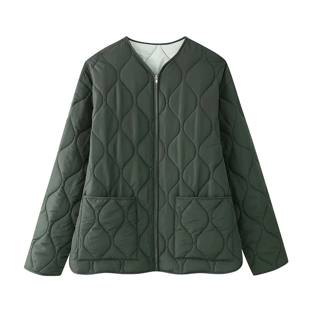 Damen leichte A‑Linien Steppjacke mit Tropfensteppung, Rundhalsausschnitt und aufgesetzten Fronttaschen – Célinea
