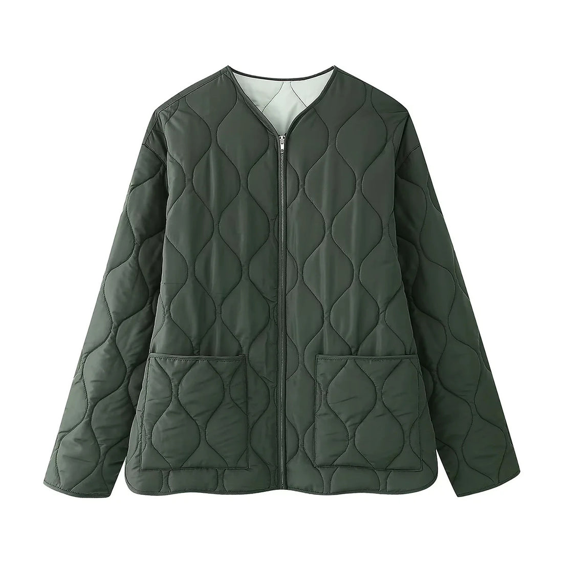 Damen leichte A‑Linien Steppjacke mit Tropfensteppung, Rundhalsausschnitt und aufgesetzten Fronttaschen – Célinea