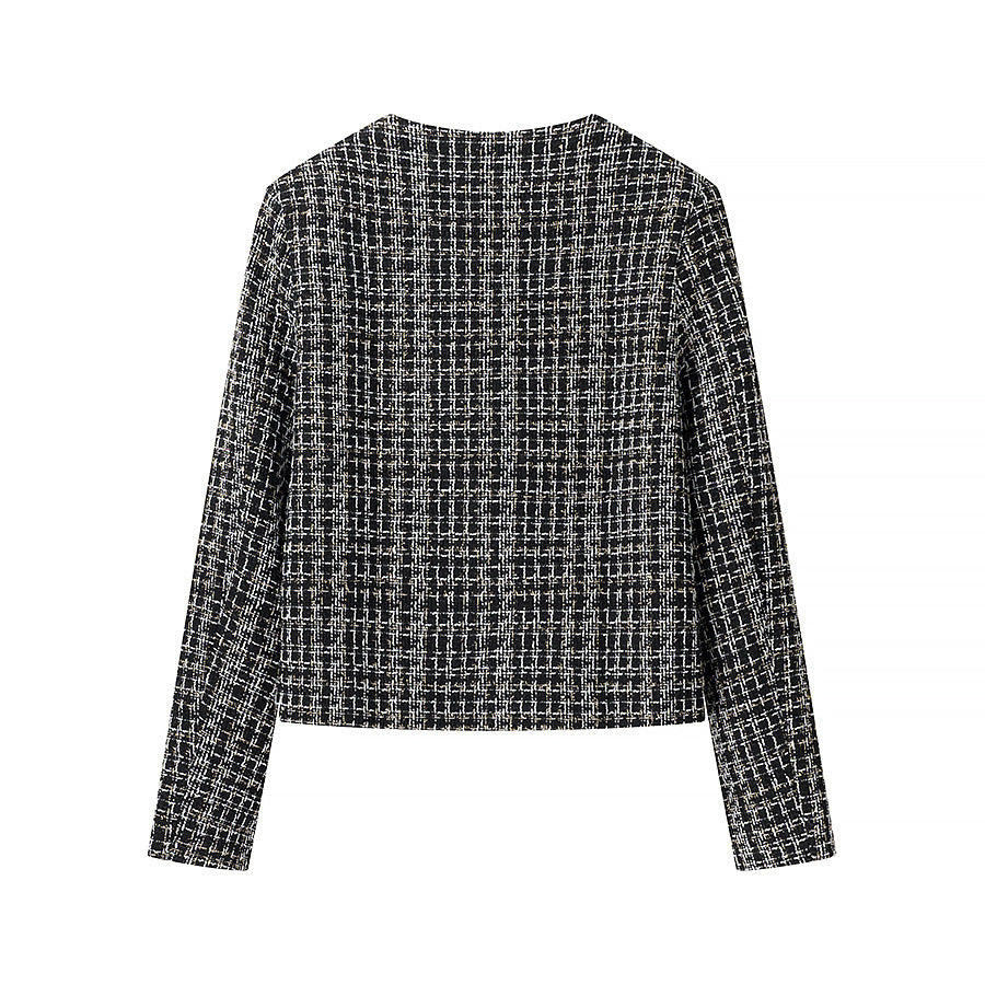 Damen kurze Bouclé‑Tweedjacke mit Rundhalsausschnitt dekorativen Goldknöpfen und aufgesetzten Taschen – Célinea