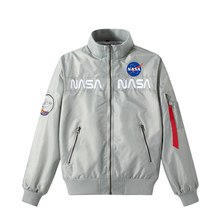 Men's retro space-logo nylon zip bomber with angled zip pockets and utility sleeve tab – Brevano
