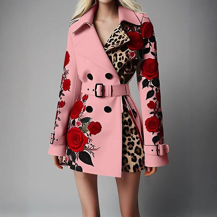 Damen Taillierter Trenchcoat mit Rosenprint und Leoparden-Innenfutter – Montévia