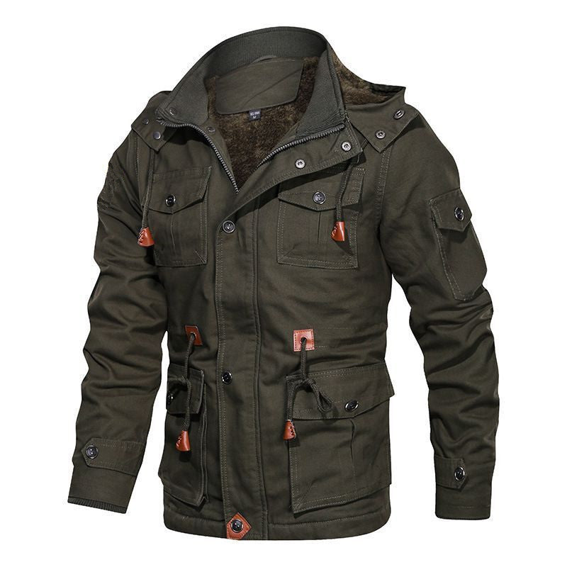 Herren Canvas-Fieldjacke mit Teddyfutter, Kapuze und Multifunktions-Taschen Echoarchiv